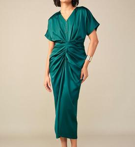 <b>Emerald</b> Green Satin Sheath Gown V Neck Ruched Bodycon Mid-Calf <b>Dress</b> Short Sleeve Breathable Eco-Friendly Formal Party Wear - Product Image 3