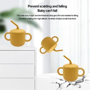 Gobelet en silicone de qualité alimentaire sans BPA avec deux poignées et plateau, pour bébé, avec paille et couvercle - Product Image 3