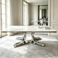 Table à manger moderne en marbre, plateau en pierre blanche, base en métal incurvée dorée, table rectangulaire minimaliste pour la maison