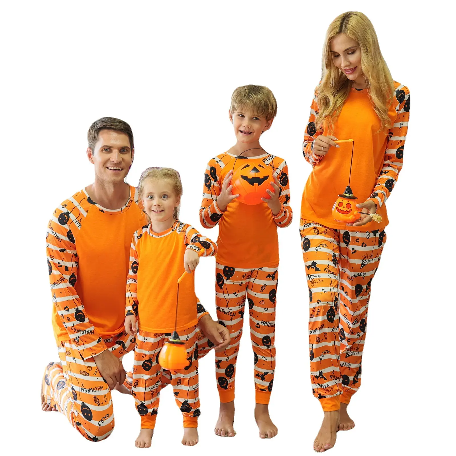 Conjunto de pijama para niños, ropa de dormir con manga impresa, cuerpo sólido y pantalones con estampado de calabaza, 2 uds.