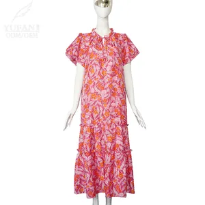 YuFan Custom High Quality Short Sleeve Ruffled Shirred Floral Maxi Long Dresses Women Lady Elegant