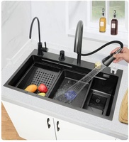 Nouveau design, évier de cuisine cascade noir en acier inoxydable à encastrer, cuve unique, avec robinet – Vente chaude