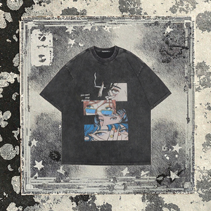 OEM tùy biến bán buôn <span class=keywords><strong>2025</strong></span> Retro đau khổ quá khổ T-Shirt người đàn ông của giản dị Nhật bản phim hoạt hình mắt in hip hop thời trang dạo phố - Product Image 1