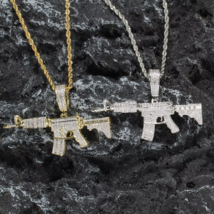 Machine Gun Pendant Necklace, Men's Hip Hop Layered <b>Chain</b>, <b>Copper</b> CZ Encrusted Iced Out Jewelry - Product Image 4