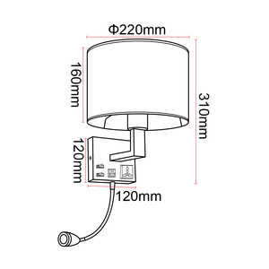 Lampada da <span class=keywords><strong>Parete</strong></span> Moderna a <span class=keywords><strong>LED</strong></span> per Lettura con Interruttore, Applique in Tessuto per Comodino Hotel, Corpo in Rame e Ferro con Finitura Dorata, Porta di Ricarica, Faretto - Product Image 3
