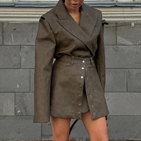 Ensemble élégant 2026 : Blazer à manches longues et mini-jupe taille haute en similicuir PU kaki, coupe ample, pour le bureau, deux pièces pour femme