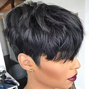 Perruque Pixie faite à la Machine, bon marché, vague de doigt, coupe courte, frange avec frange pour femmes noires, perruque de cheveux humains, mieux vaut ne pas - Product Image 1