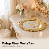 Plateau miroir en plastique laqué doré de luxe européen, cadre décoratif gaufré, multifonctionnel, pour le rangement de maquillage et de bijoux sur table