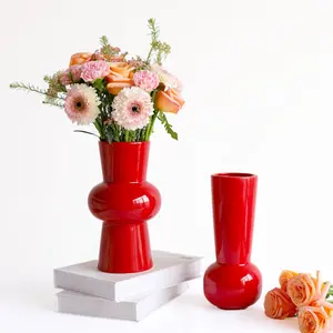 Ready to Ship Set of 2 Christmas Red Table Home Accents Ceramic and Porcelain Vases for Flowers
