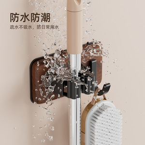 Wall Mounted Mop Holder Walnut Wood Stainless Steel Minimalist Design Bathroom Storage Punch Free Installation - Product Image 3