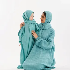 Hồi giáo hơi nhăn nheo lỏng mẹ con gái abaya thiết lập cha mẹ con màu tinh khiết hijab abaya thiết lập cho EID