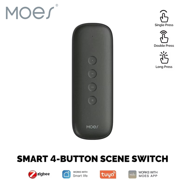 MOES Tuya ZigBee 3.0 Smart Scene Switch 4Button Wireless Lightweight Design 12 Scenario Remote Control Automation Battery