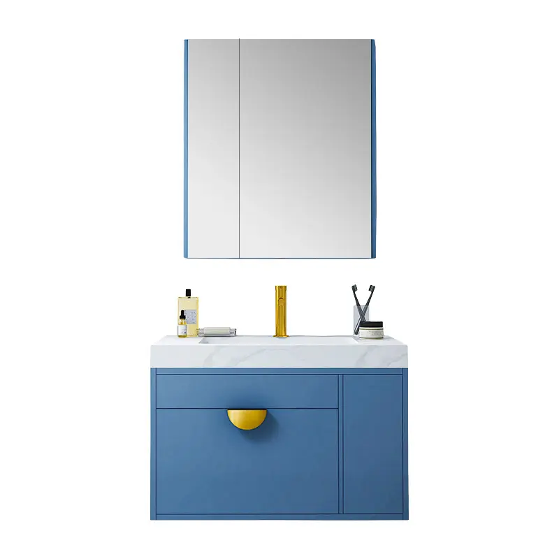 Modern simple small storage corner sky blue single bathroom wall sink cabinet and vanity with mirror and basin cabinet set