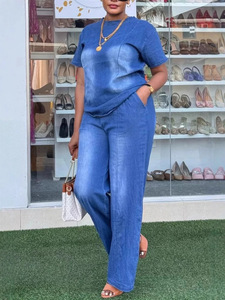 Ensemble Coordonné Chic Streetwear en <span class=keywords><strong>Jean</strong></span> pour Femme – Style Vintage Délavé, Coupe Décontractée, Jambes Larges – Tenue d'Été - Product Image 4