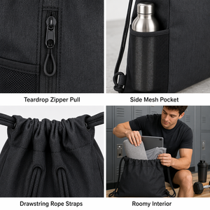 Two Tone Drawstring Backpack Sports Cinch Sack with Front Zip Pocket Key Chain Inner <b>Bag</b> for Gym School Yoga Travel Bulk Custom - Product Image 3
