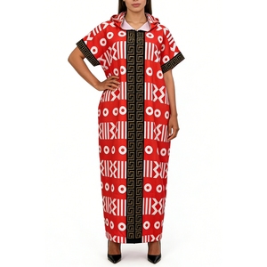 Vestido Maxi con Capucha y Estampado Africano <span class=keywords><strong>para</strong></span> Mujer - Caftán Holgado <span class=keywords><strong>de</strong></span> Manga Corta con Patrón Geométrico y Ribete Dorado, Vestidos Sehe Fashion - Product Image 2