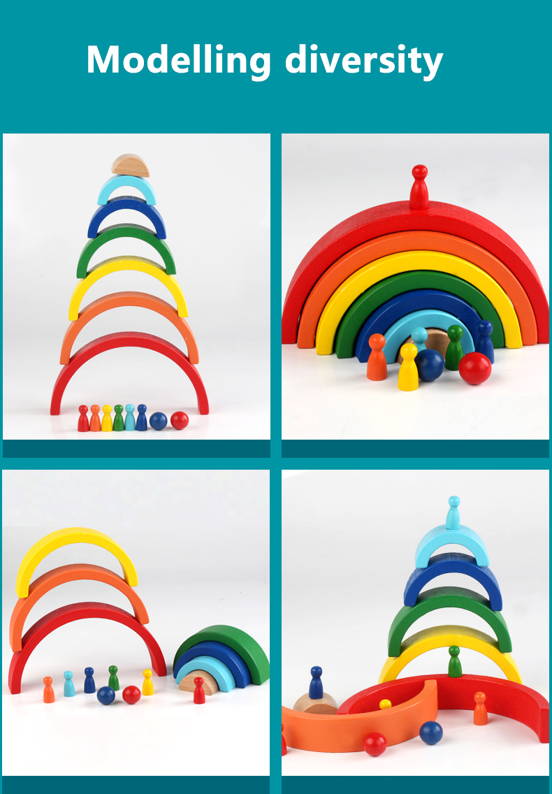 Wooden Rainbow Stacking Building Blocks Stacker Family Learning Game Creative Montessori Toy For Kids