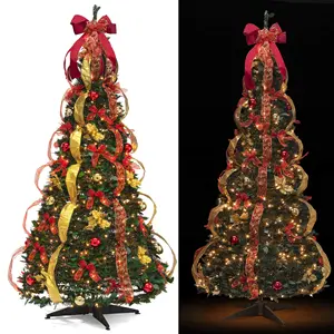 Árbol de Navidad Artificial preiluminado, árboles de Navidad plegables, predecorados, con luces, soporte de fácil montaje, 6 pies