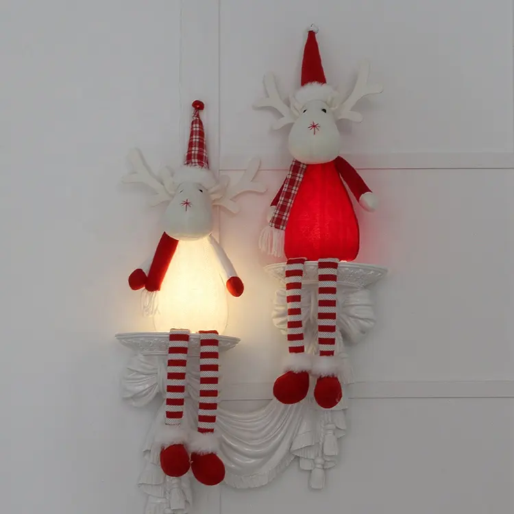 Adornos colgantes para decoración de pared de muñeco de alce, decoración de Navidad, Reno ciervo sentado iluminado con patas largas colgantes, LED blanca y roja