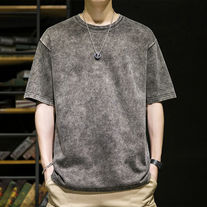 Solid Color Pure Cotton 230gsm Men's O-neck Blank T-shirts Knit <b>Summer</b> Men's Washed T-shirts - Product Image 1