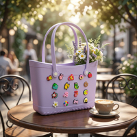Sac fourre-tout seau ouvert en EVA léger et durable, résistant à l'eau, couleur unie, 15 pouces, imperméable, portable, polyvalent, avec breloques aléatoires