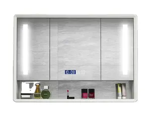 Espejo inteligente de roble para baño, mueble frontal montado en la pared, con estante, con lámpara separado