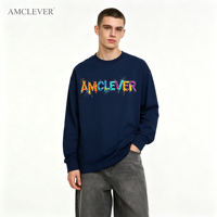 AMCLEVER Tersedia Sweatshirt Pria Kerah Bulat Katun Murni Lengan Panjang Siap Kirim Pakaian Musim Gugur Musim Dingin
