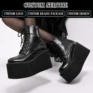 CHENO Custom logo <strong>Gothic</strong> Punk Style Chunky Platform Black Patent Leather Custom Ankle <strong>Boots</strong> for Women with Zipper Buckle - Product Image 1