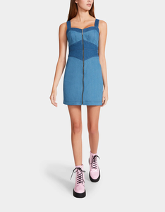 Moda verano fuera del hombro empalme Patchwork <span class=keywords><strong>costura</strong></span> lavado Casual Midi largo Denim Jeans vestido de mujer - Product Image 3