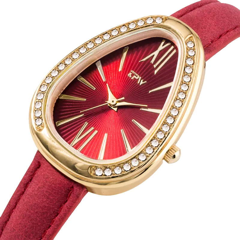 Bright red cheap private label fashion oval diamond leather watch women lady crystal
