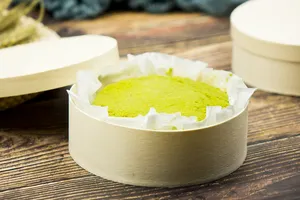 Terlaris Mudah Terurai untuk Pergi Penyimpanan Puding Brie Birch Kayu Bulat Kue Veneer Kotak Keju dengan Kayu/Bambu/Tutup Bening