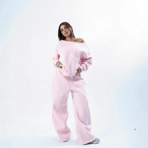 Custom Logo Poly-Cotton Blend Off-shoulder Sweatshirt Windproof <b>Set</b> <b>Embroidery</b> Casual Loungewear Tracksuit for Women - Product Image 6