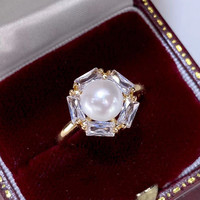 Bague en perle d'eau douce naturelle en zircon blanc cubique brillant pour femme 18K plaqué PVD doré 10-11mm bijoux Big Peal