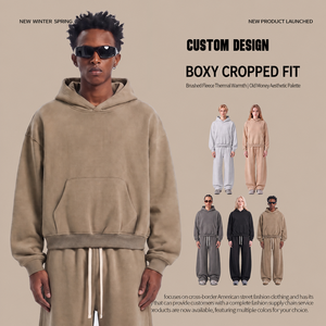 Wholesale Custom Logo 350G <strong>Fleece</strong> Lined Hoodie <strong>Men</strong> Boxy Pullover Sweatshirt Patch Pocket Cotton Blend Streetwear - Product Image 2