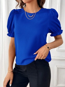 Mulheres Cor Sólida Elegante O-pescoço Top Fashion Lady Manga Curta Blusa Designs Casual - Product Image 6