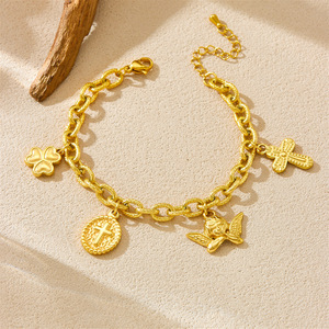 European American Retro Gold Plated Chunky Chain Bracelet With Cross Angel Charm For Women - Product Image 2