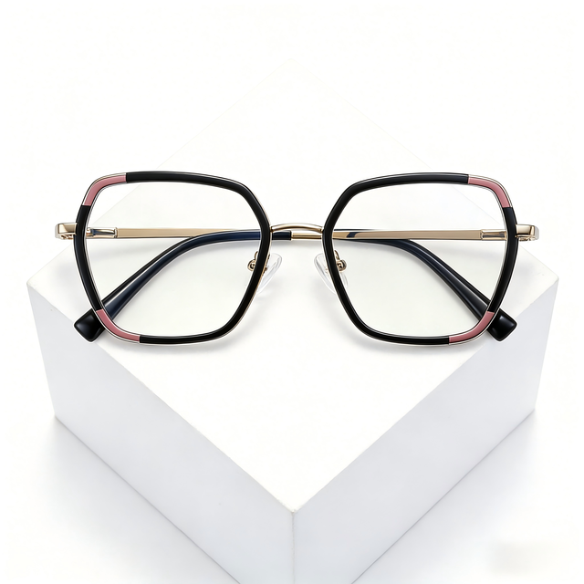 Metal + TR Mixed Color Square Full-Rim Durable Lightweight PC Lenses Eyeglasses Frames Pink & Black Contrast Fashion Unisex