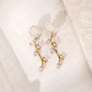 Fashion White Rose Earrings Jewelry Classic Sweet Diamond Flowers 18k Gold Plated Earrings