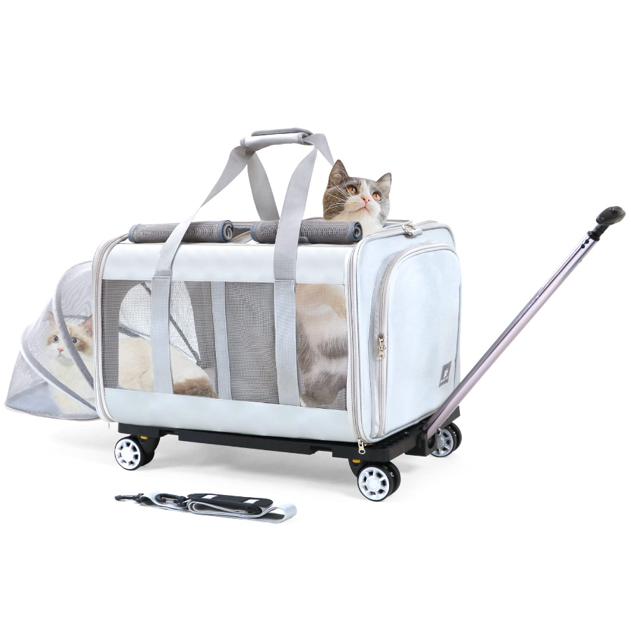 Aromanano Custom Luxe Huisdier Drager Reizen Verwijderbare Rollende 4 Wielen Mesh Hond Kinderwagen Kat Trolley Tas