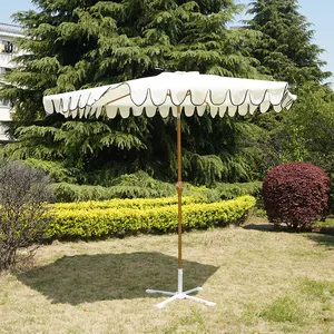 Classic Ruffled Edge Design Iron Art 2.7m Polyester Adjustable Tilt Wooden Grain Aluminum Patio Umbrella Parasol Easy Assembly