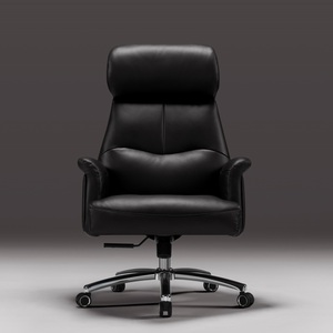 Modern Design Black Office <strong>Chair</strong> with Genuine Leather Ergonomic Adjustable Height <strong>Rotating</strong> Wheel Fixed Armrests Home Office - Product Image 2