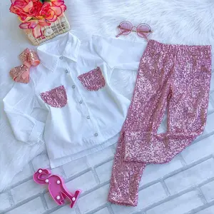 children's wear ins style Girls Fashion casual sequins lapel shirt long sleeves + long pants