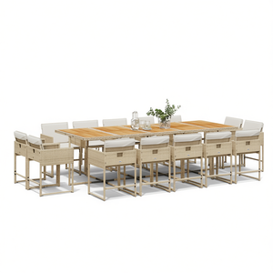 Ensemble de salle à manger d'extérieur en rotin beige, 15 pièces, mobilier de jardin, table et chaises de patio, style contemporain, résistant aux intempéries - Product Image 1