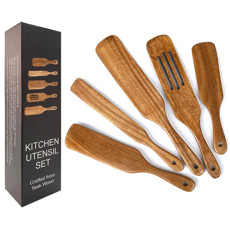 Set Of 5 Custom, Logo Silicone utensilios de cocinas Bamboo Acasia Wooden Spurtles Sets Spatula Stirring Kitchen Utensils Tools/