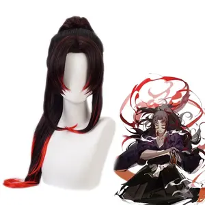 Commercio all'ingrosso 80cm lungo nero rosso misto Demon Slayer Kokushibo parrucca Cosplay sintetico Anime Costume parrucca con una coda di cavallo