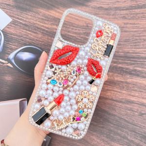Custodia per Telefono con Rossetto Rosso Sexy e Perle per iPhone 15 16 Pro Max 14, Custodia di Lusso Fai-da-Te con Tacco Alto per S23 S25 S24 Ultra - Product Image 1