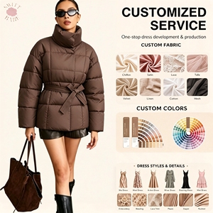 Manteau matelassé tendance pour femme avec ceinture, col montant, chaud et rembourré pour l'hiver, avec poches, coupe élégante et ajustée, ceinture à nouer à la taille, vêtement d'extérieur - Product Image 1