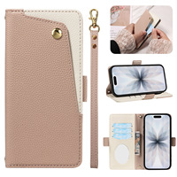 Casing Kulit Litchi Mewah Model Flip Cover Anti Benturan dengan Tali Pergelangan Tangan & Tali Leher untuk Ponsel 17/16 Grosir Pabrik