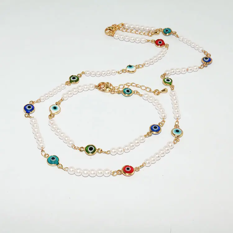 S11171 18K Vergulde Regenboog Glazuur Boze Ogen Charmes En Parel Kralen Ketting Armband Sieraden Sets