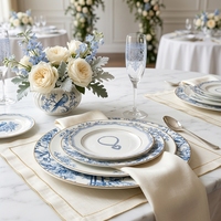 Ensemble d'assiettes à dîner en céramique bleu et blanc vintage, vaisselle en porcelaine de luxe avec bord doré, assiette à salade et à dessert à motif de fleurs de cerisier